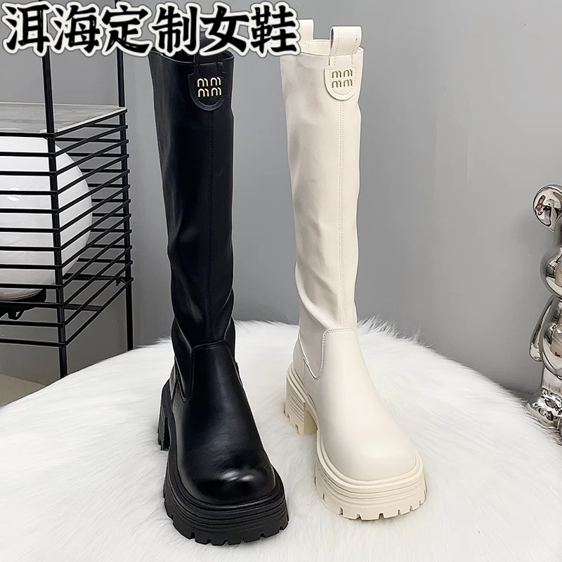 白色长靴女2024新款秋冬加绒靴子粗高跟骑士靴小个子不过膝长筒靴