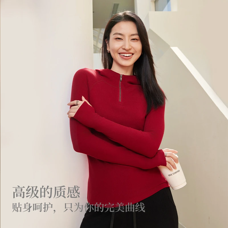 DWJ 双面德绒微塑形时尚半开襟连帽打底