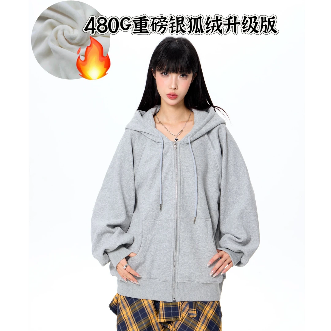 WAKKF加绒卫衣外套连帽480G重磅oversize拉链外套情侣宽松慵懒风