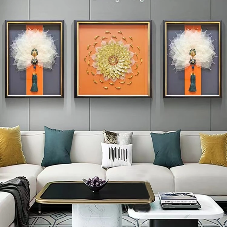 客厅高档背景墙装饰画新款立体菩提叶实物画现代简约轻奢三联挂画