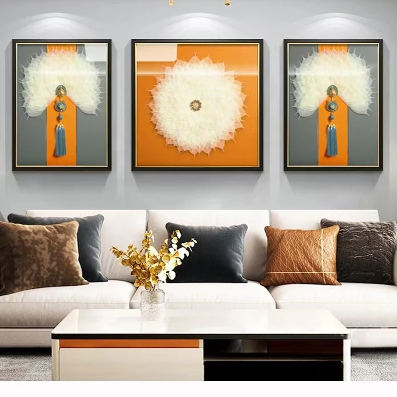 新中式菩提叶三联画客厅沙发背景墙手工立体装饰画现代轻奢实物画