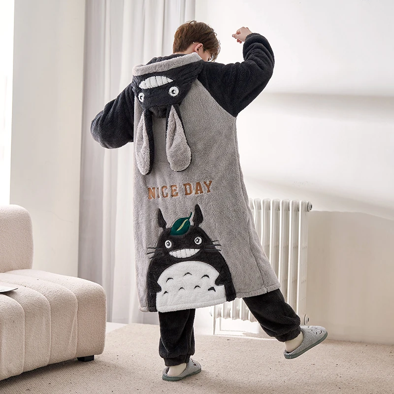 珊瑚绒男士睡袍冬加厚加绒可穿式浴袍宽松大码睡衣家居服套装冬季