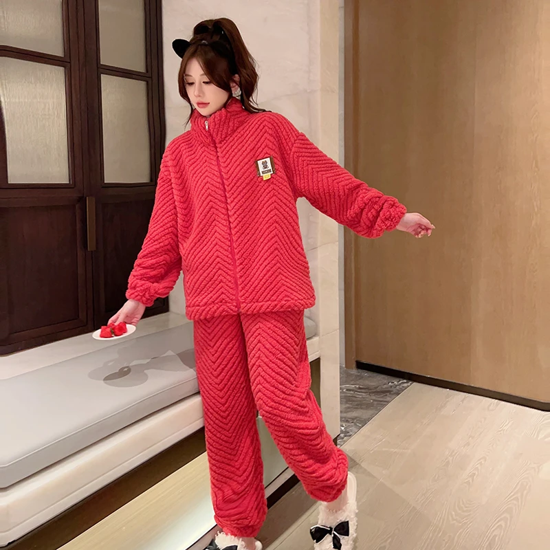 本命年红色珊瑚绒睡衣女秋冬加绒加厚套装女士家居服可外穿出门款