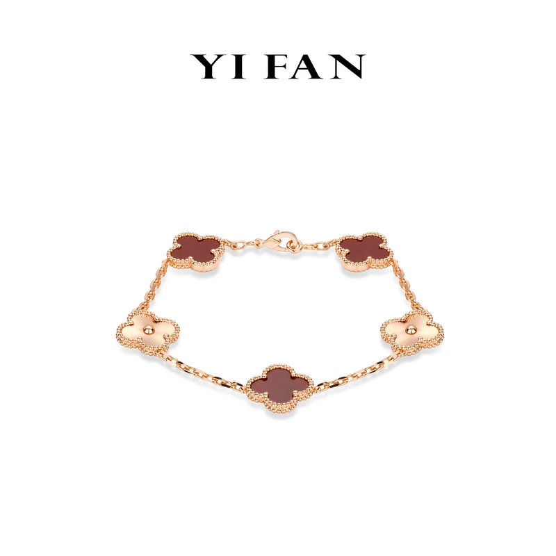 925银合成锆石手链 4581-玫金色红色四瓣花百搭手链（车花片白铜