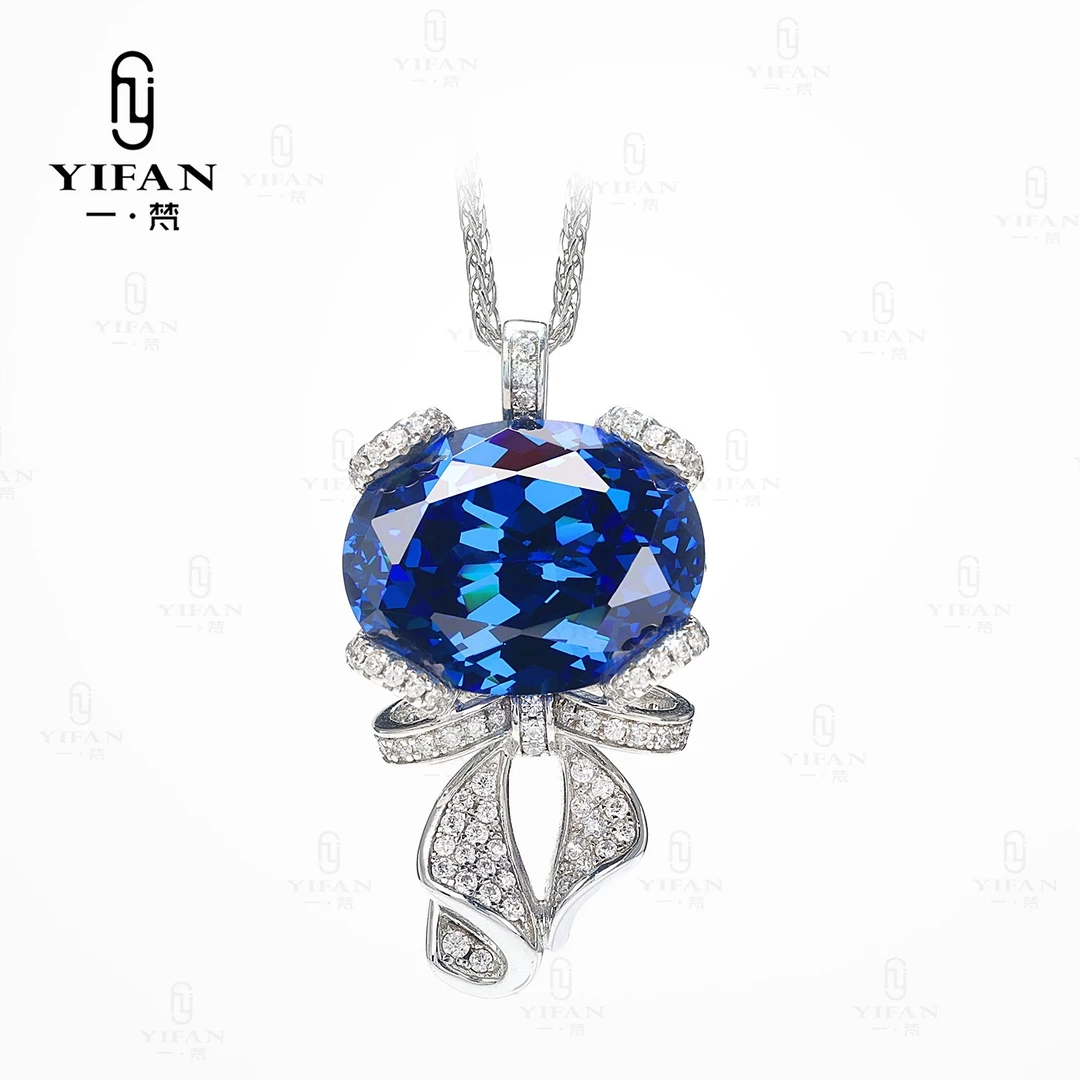 吊坠925银合成锆石 一梵  2123-设计师款镶嵌时尚高端蓝色妖姬项