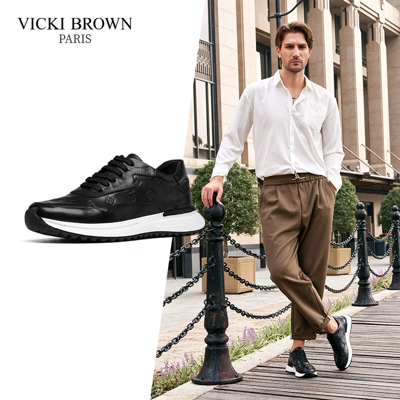 VICKI BROWN2022新款高档商务男鞋手工印花设计舒适百搭休闲鞋