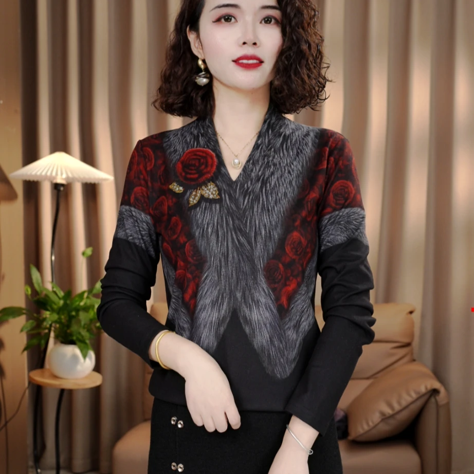 秋冬新款玫瑰红高端印花百搭减龄气质时尚套头上衣