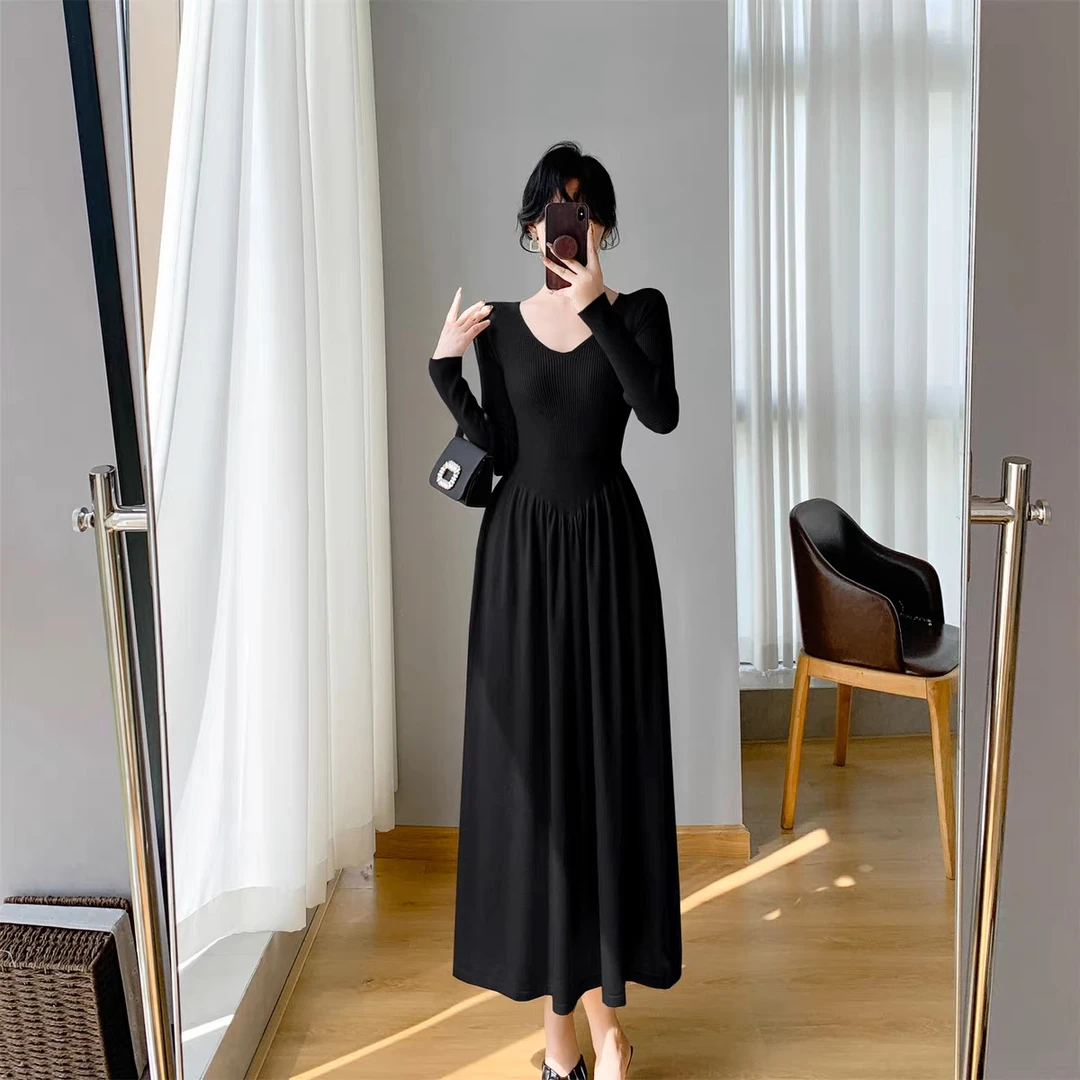 [A441编码]V领气质打底背心裙长袖针织连衣裙