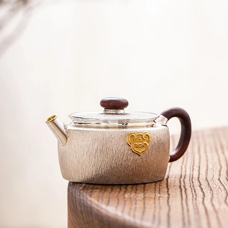 蜂鸟工坊 名匠优选 莲蓬钮 木把如意拉丝银壶泡茶壶 MJYXA1043