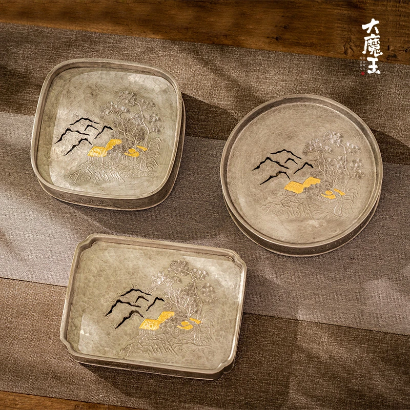 蜂鸟工坊文创系列锡雕侠侣金屋山树风景锡壶承锡茶盘