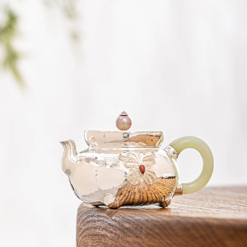 蜂鸟工坊 素小姐 三足蝴蝶珍珠盖锤纹掐丝弯嘴银壶  SXJA1031