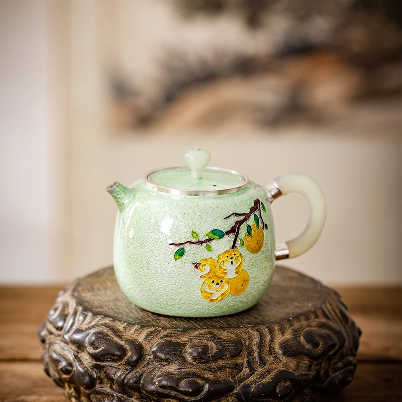 蜂鸟工坊 出口 七宝烧绿底狮柿扁桶形银壶 FNN1601