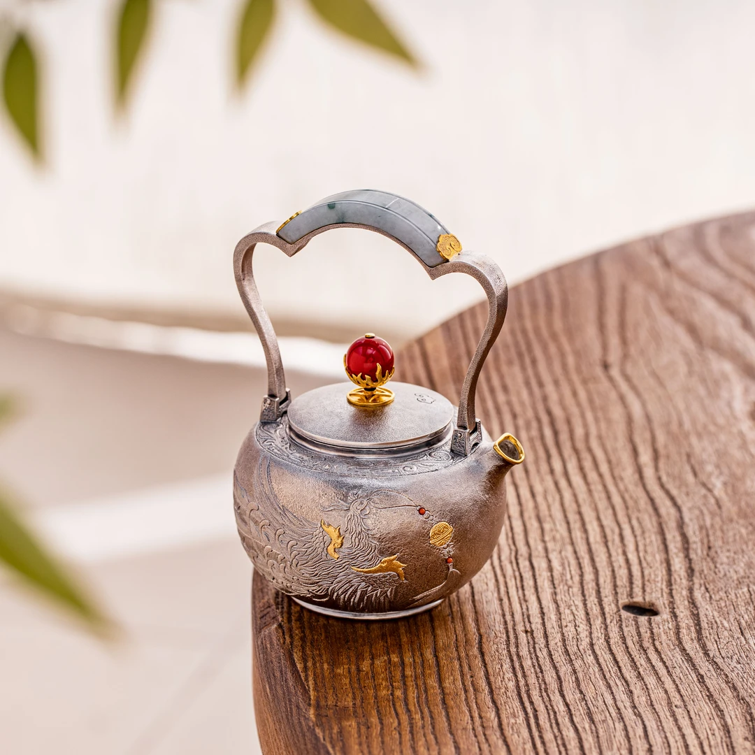 蜂鸟工坊 传承者 凤凰錾刻提梁泡茶壶足银烧水壶 SWA18033