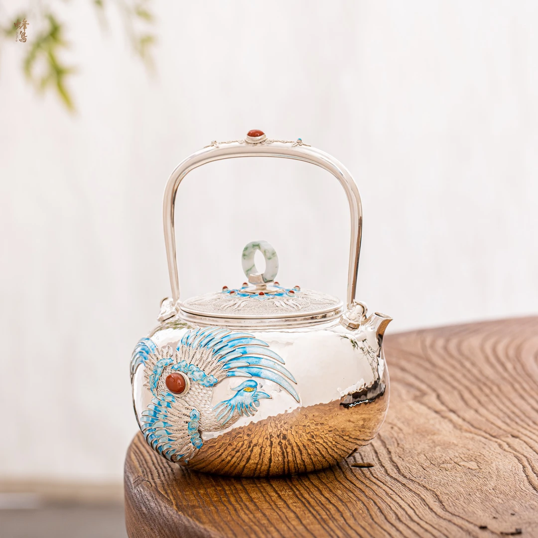 蜂鸟工坊 出口 银把岫钮点蓝 花丝凤凰一块料提梁大壶 FNNA1830