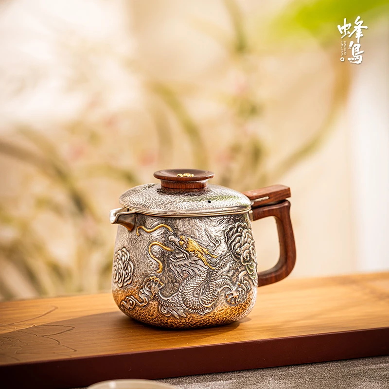 蜂鸟工坊 出口 一壶多用银沏茶杯茶水分离龙懒人泡银壶 FNN4186
