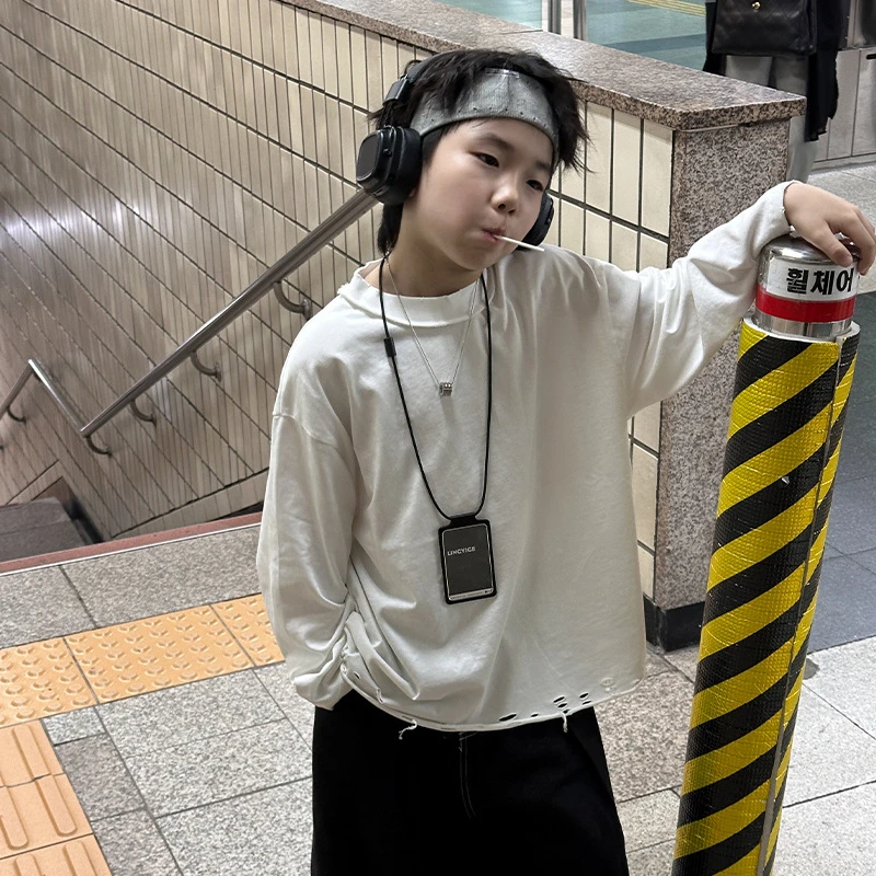 男童长袖打底衫童装24年秋手工割破t恤韩版反做洋气衣服休闲百搭