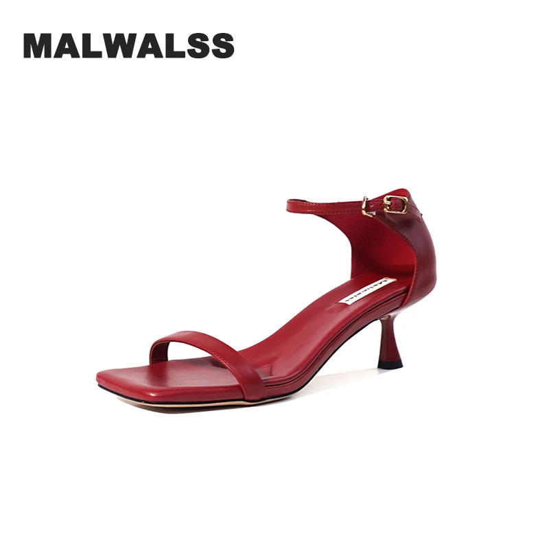 曼维诗【跟高5cm】百搭真皮女士细跟夏季露趾法式一字带高跟凉鞋