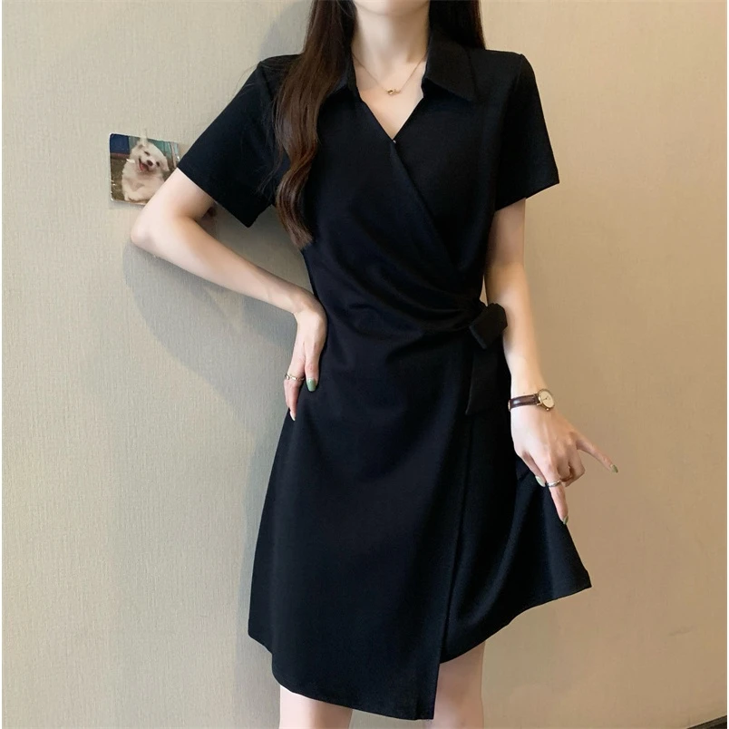 大码女装微胖mm夏季法式v领连衣裙小个子绑带收腰裙子高级感短裙