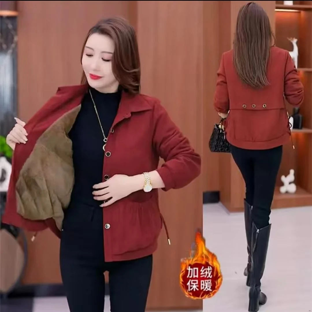 2024秋冬新款加内衬休闲外套女百搭宽松中老年时尚洋气短款上衣