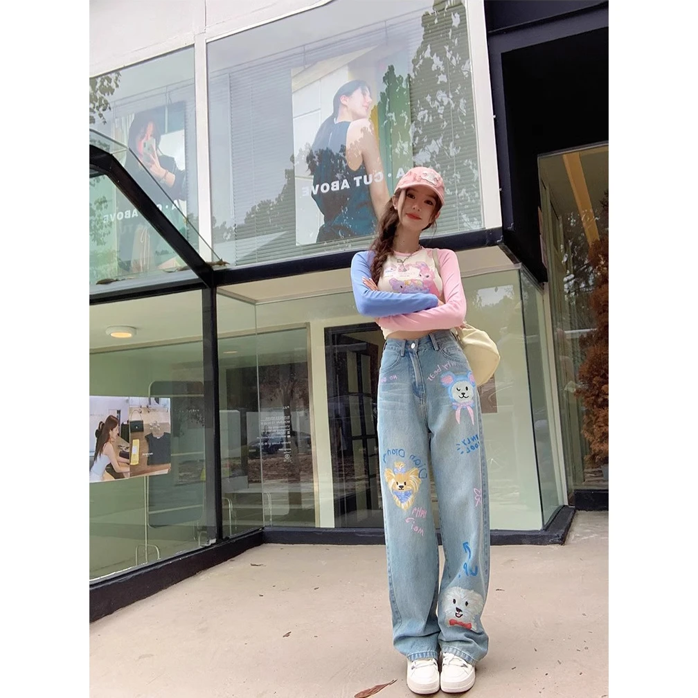 （门店29898）TECR2024卡通减龄阔腿牛仔裤女新款设计感涂鸦直筒裤