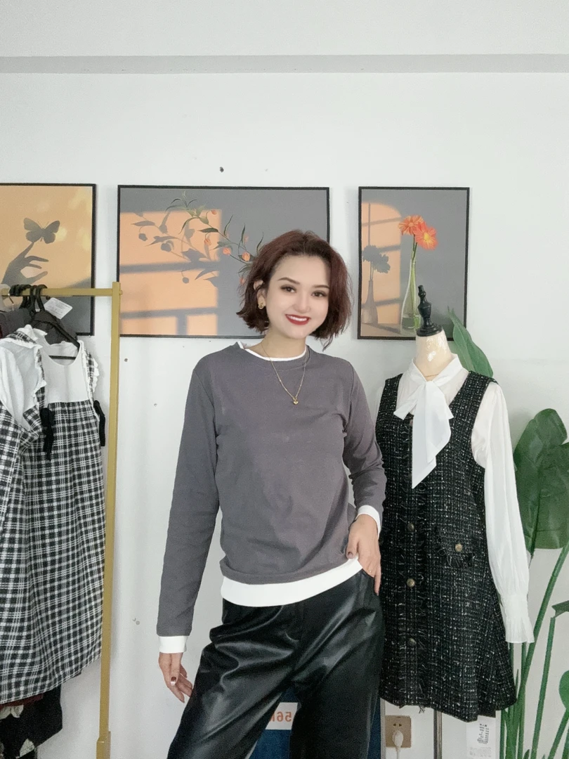 韩系撞色假两件圆领长袖T恤女春秋宽松显瘦百搭别致洋气打底上衣