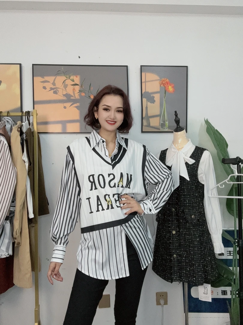 欧洲站假两件条纹衬衫女2024春秋新款小众设计感个性背心拼接衬衣