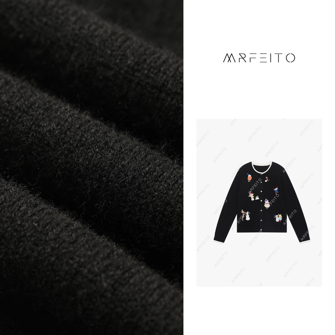 圆领图案单排扣长袖开衫H1KS01Q27834