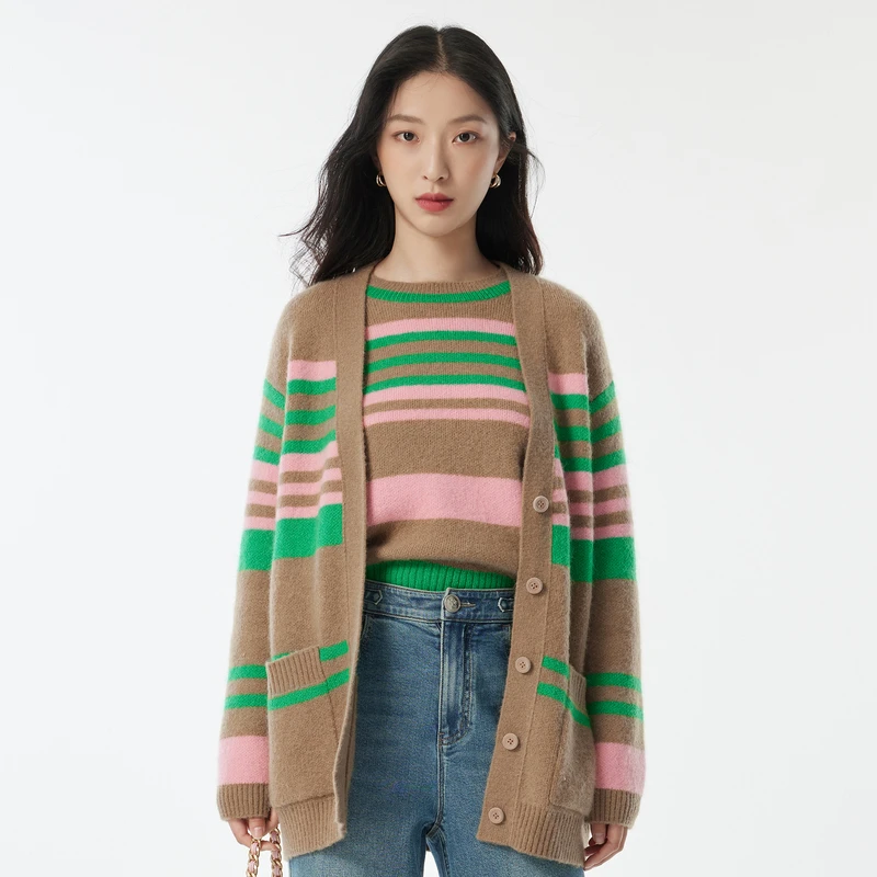 复古怀旧风条纹毛衣开衫含羊毛马海毛DOUBLOVE贝爱秋冬款