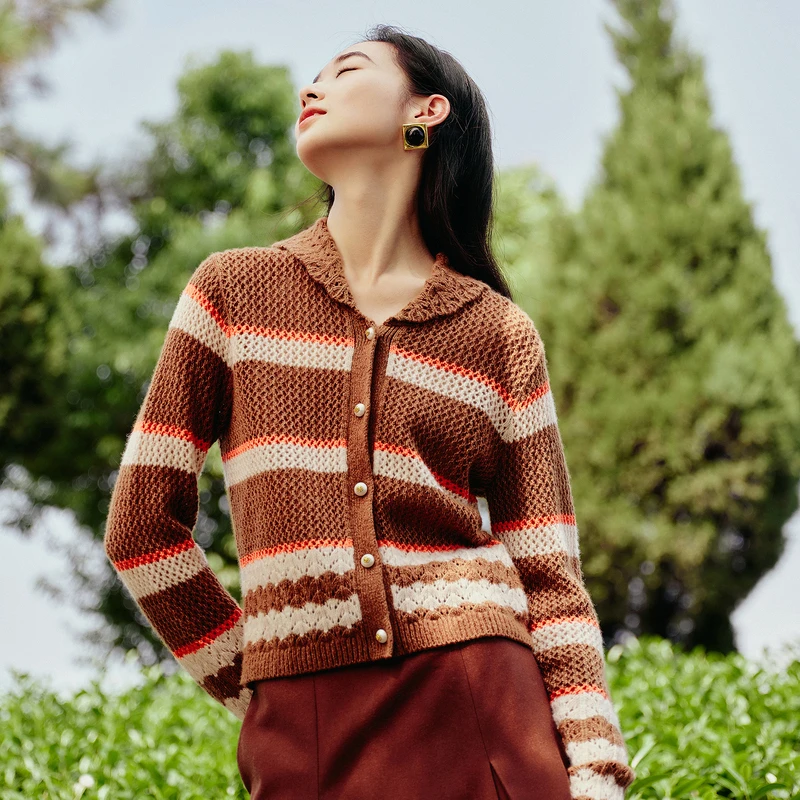 【绢丝山羊绒衫】复古条纹针织开衫毛衣外套DOUBLOVE贝爱新款