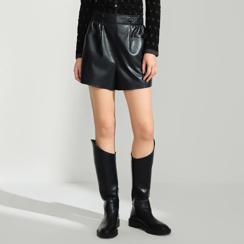 【柔软蛋白皮】PU花苞裤松紧高腰短裤DOUBLOVE贝爱2024秋冬新款