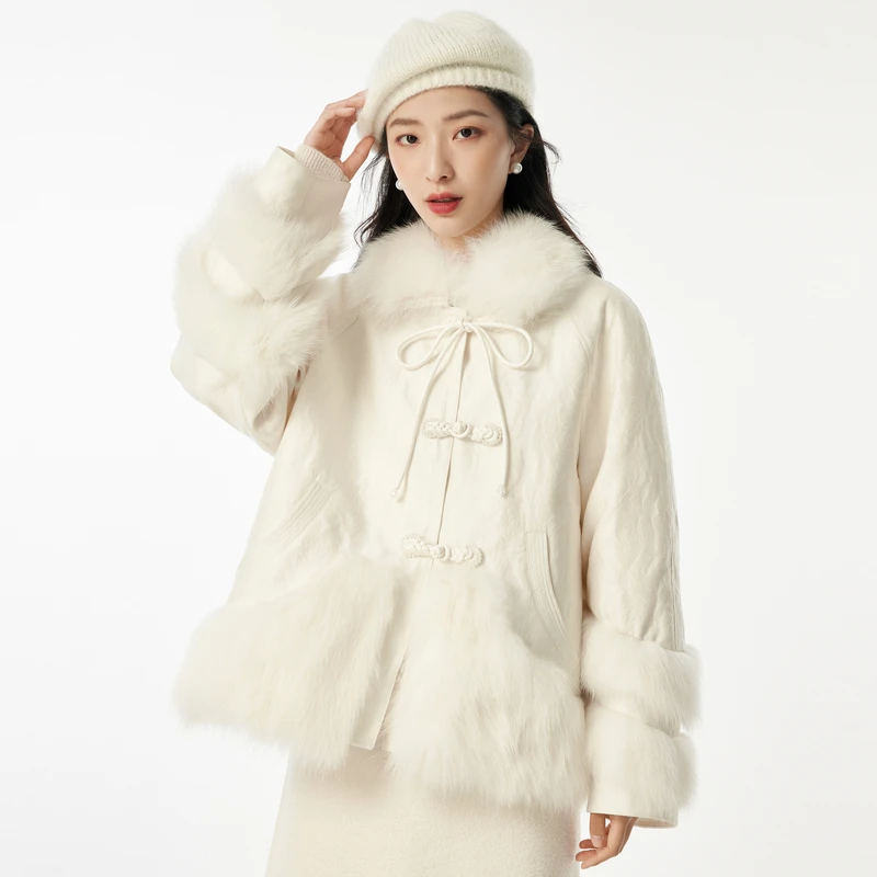 新中式狐狸毛防寒保暖白色羽绒服派克服DOUBLOVE贝爱秋冬款