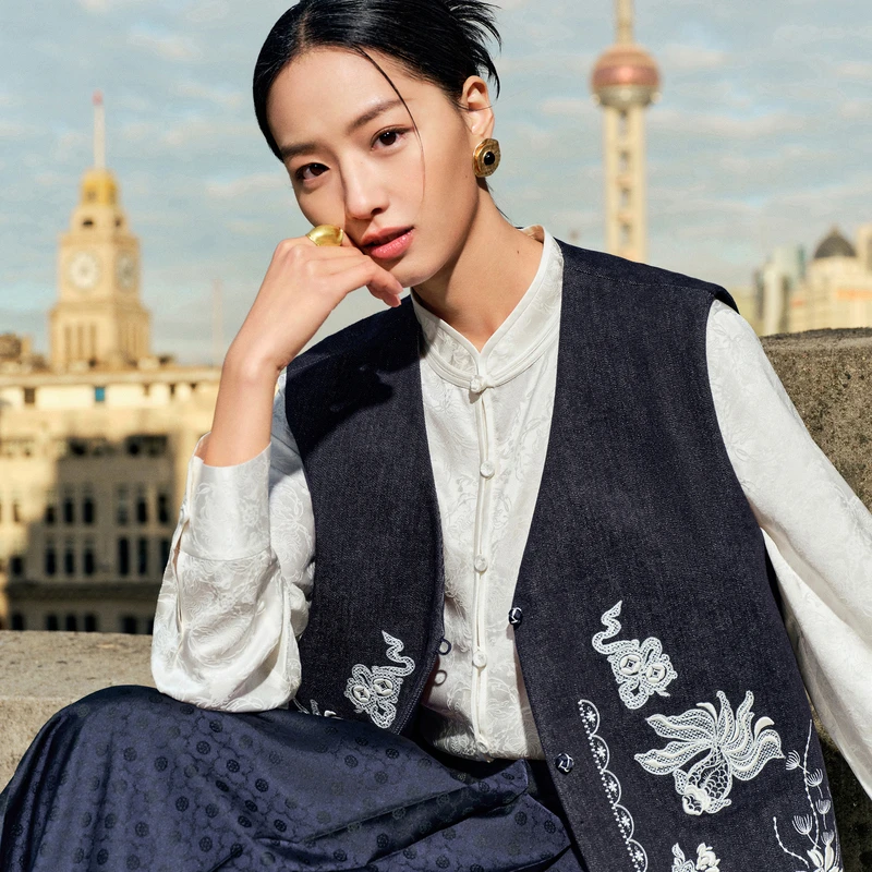 【匠心新中式】国风刺绣牛仔马甲外套复古DOUBLOVE贝爱25春季新款
