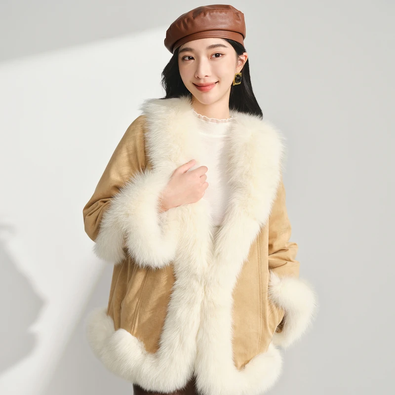 【轻裘派克服】华丽狐狸毛领外套温暖DOUBLOVE贝爱2024冬新款