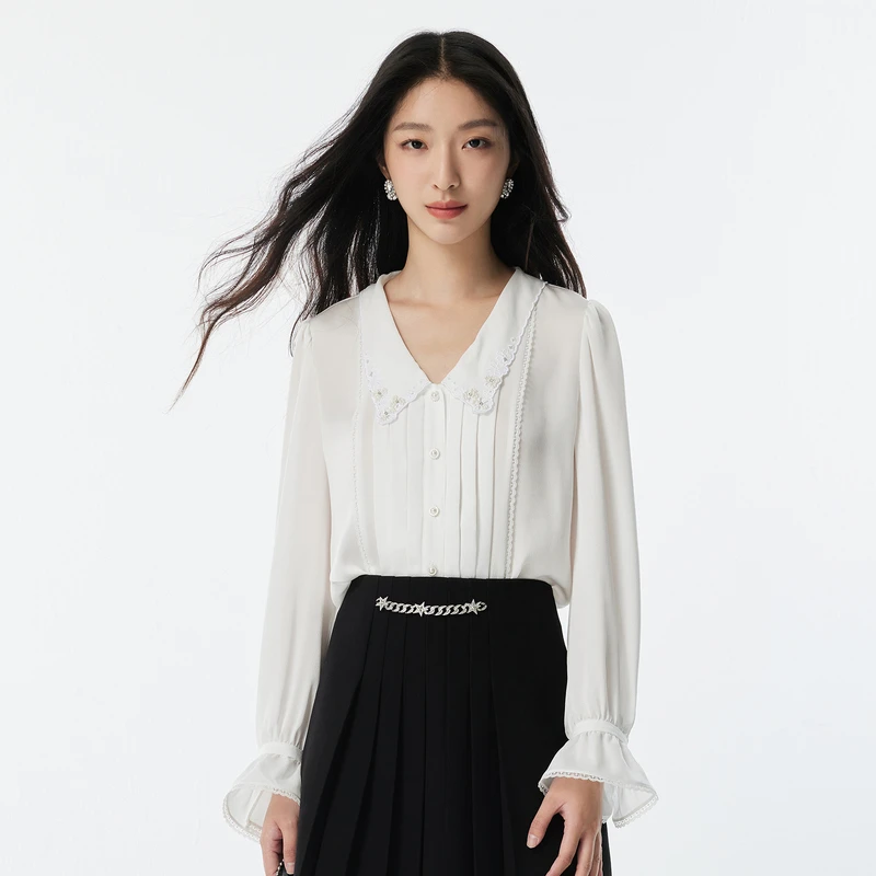 复古宫廷风气质缎面白衬衫长袖重工钉珠DOUBLOVE贝爱早秋新款