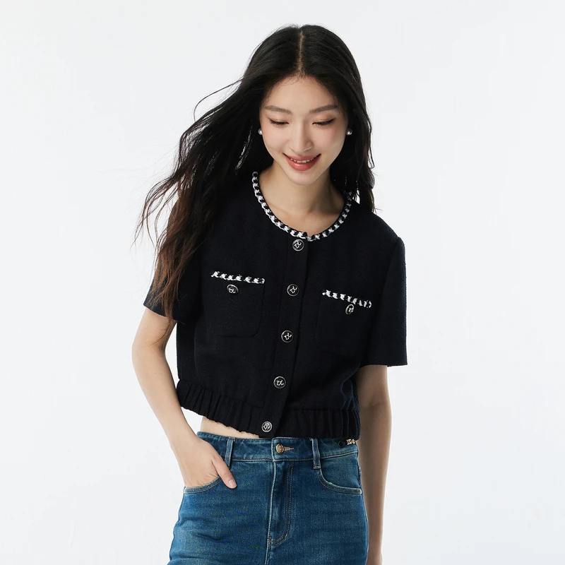 名媛小香风短外套圆领短袖通勤含ya麻DOUBLOVE贝爱早秋新款