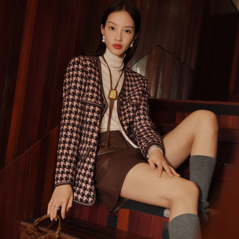 【酒心巧克力】雅丹风小香风羊毛粗花呢外套贝爱秋冬新款