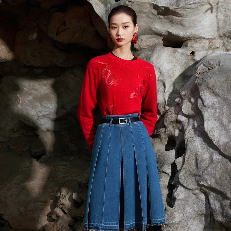 【靛蓝百褶裙】显瘦学院风高腰牛仔半身裙少女感贝爱2024春季新款