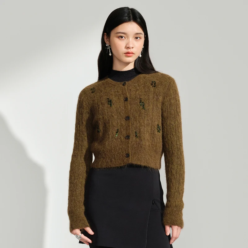 【慵懒氛围感】羊驼毛针织开衫亮片毛衣外套DOUBLOVE贝爱新