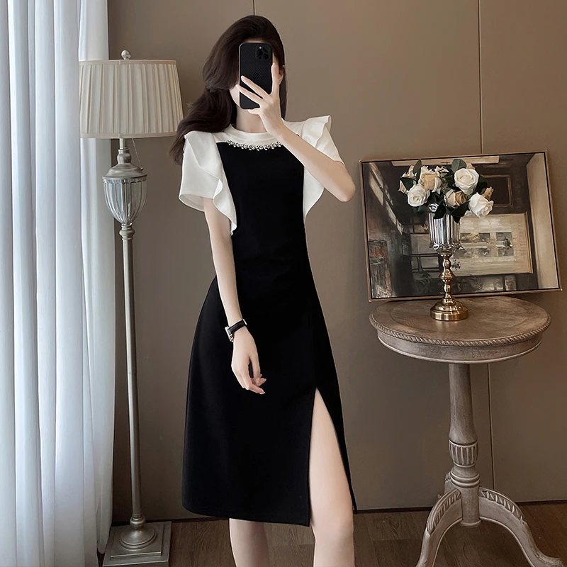 法式高端拼接短袖连衣裙女夏季2024新款气质高冷御姐收腰开叉裙子