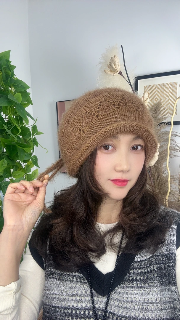 新款松鼠绒针织帽女士秋冬季时尚百搭护耳编织堆堆帽抽绳围脖2454