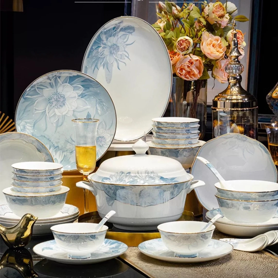 洛威夜魅8-10人食陶瓷景德镇轻奢餐具套装高颜值家用送礼碗盘碟