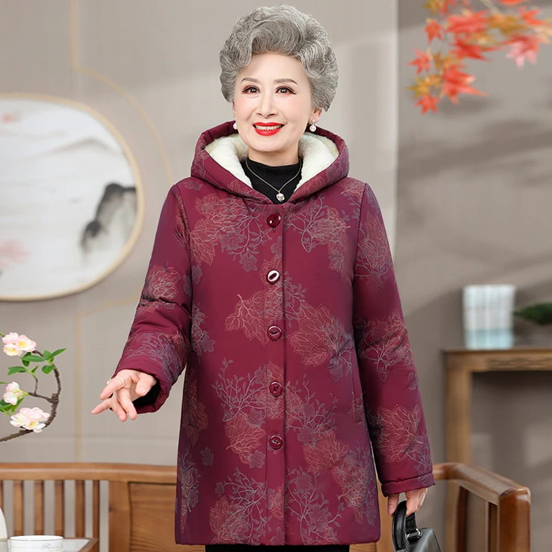 老年人冬装连帽棉衣女奶奶加绒加厚大码女棉衣70岁妈妈羊羔绒棉袄