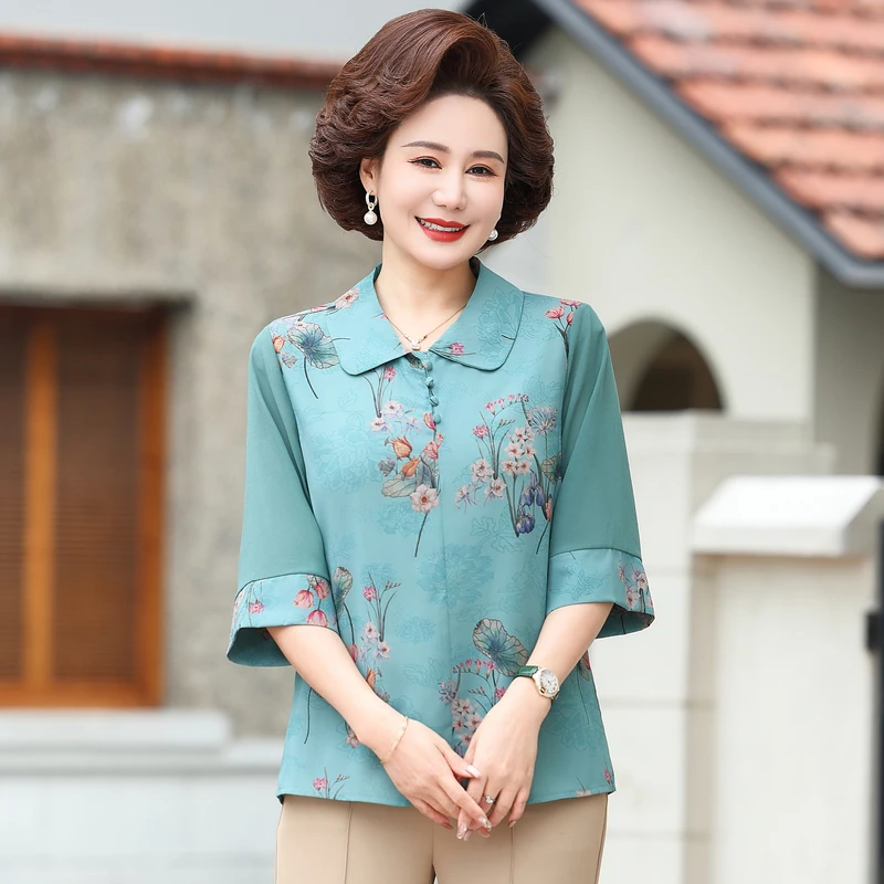 妈妈装夏季新款印花洋气短袖衬衫中老年女时尚百搭中国风中袖小衫