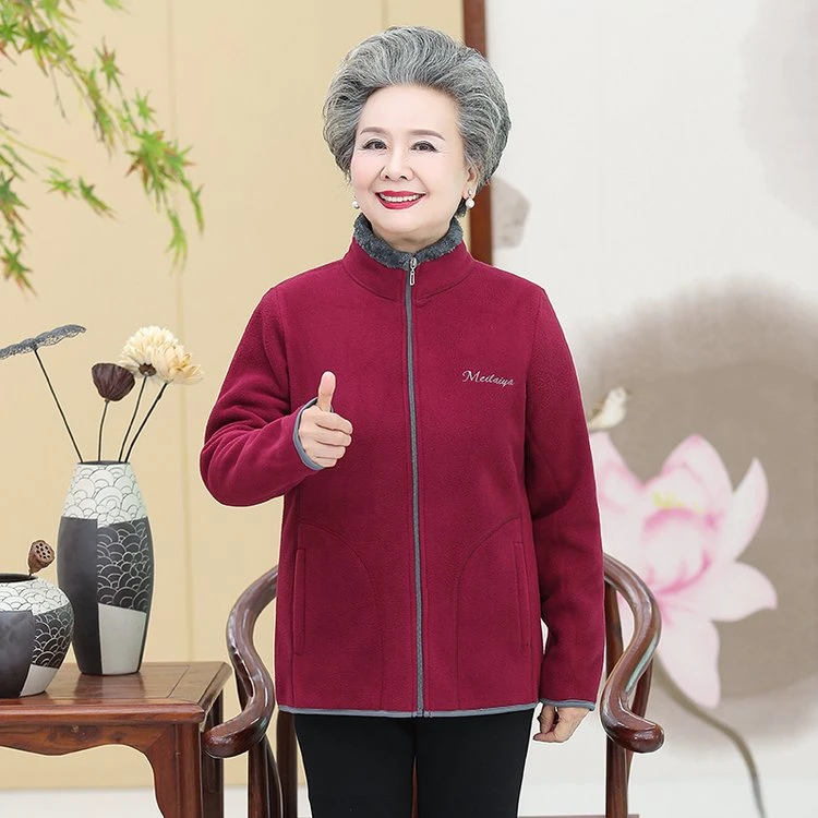 中老年奶奶秋冬款女装休闲摇粒绒加绒加厚卫衣中年人御寒保暖外套