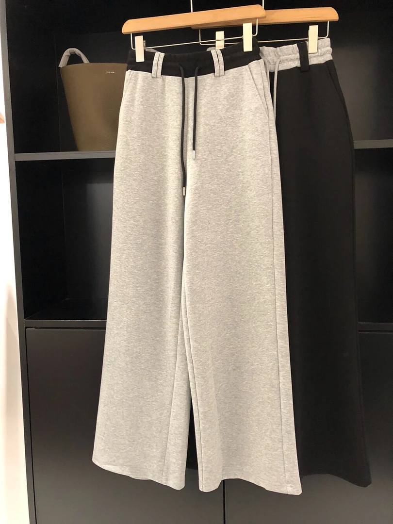 简约抽绳松紧腰拼色运动阔腿卫裤