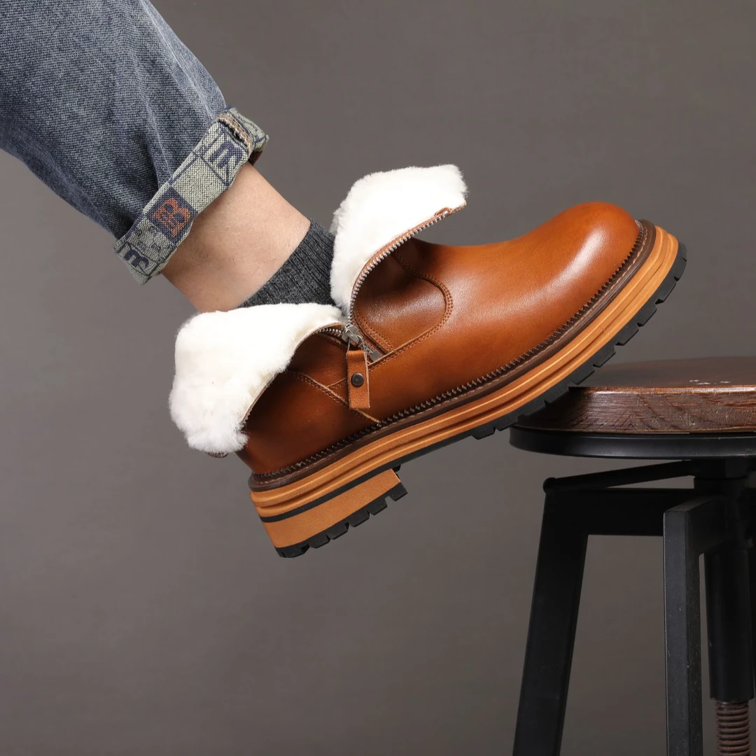 真皮短靴男雪地靴羊毛里羊毛垫厚底北方过冬靴子时尚男鞋增高鞋子