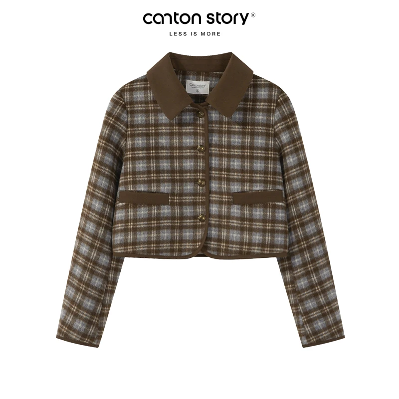 羊城故事【清仓！】咖色格子翻领外套秋宽松保暖遮肉上衣 Y41045253