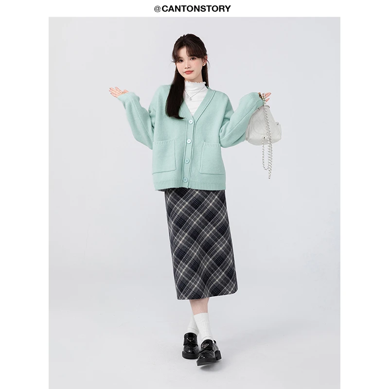 羊城故事秋冬复古高腰显瘦中长裙  Y23Y10x配皮带格纹半身裙x9053
