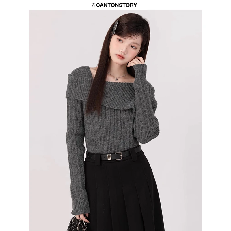 羊城故事【现现】 慵懒风修身显瘦上衣 Y23Y12x一字肩毛衣x99072