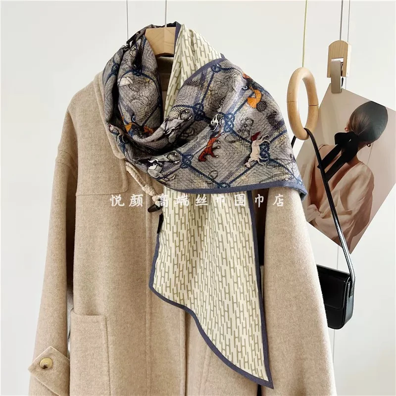 春秋韩版丝巾女双层时尚长巾仿丝毛围巾薄款护颈百搭职业领巾发带